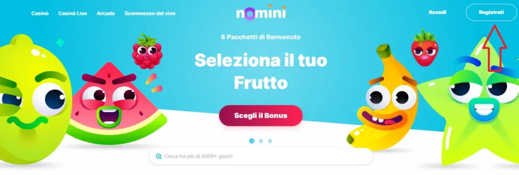 Pulsante di registrazione di Nomini Casino